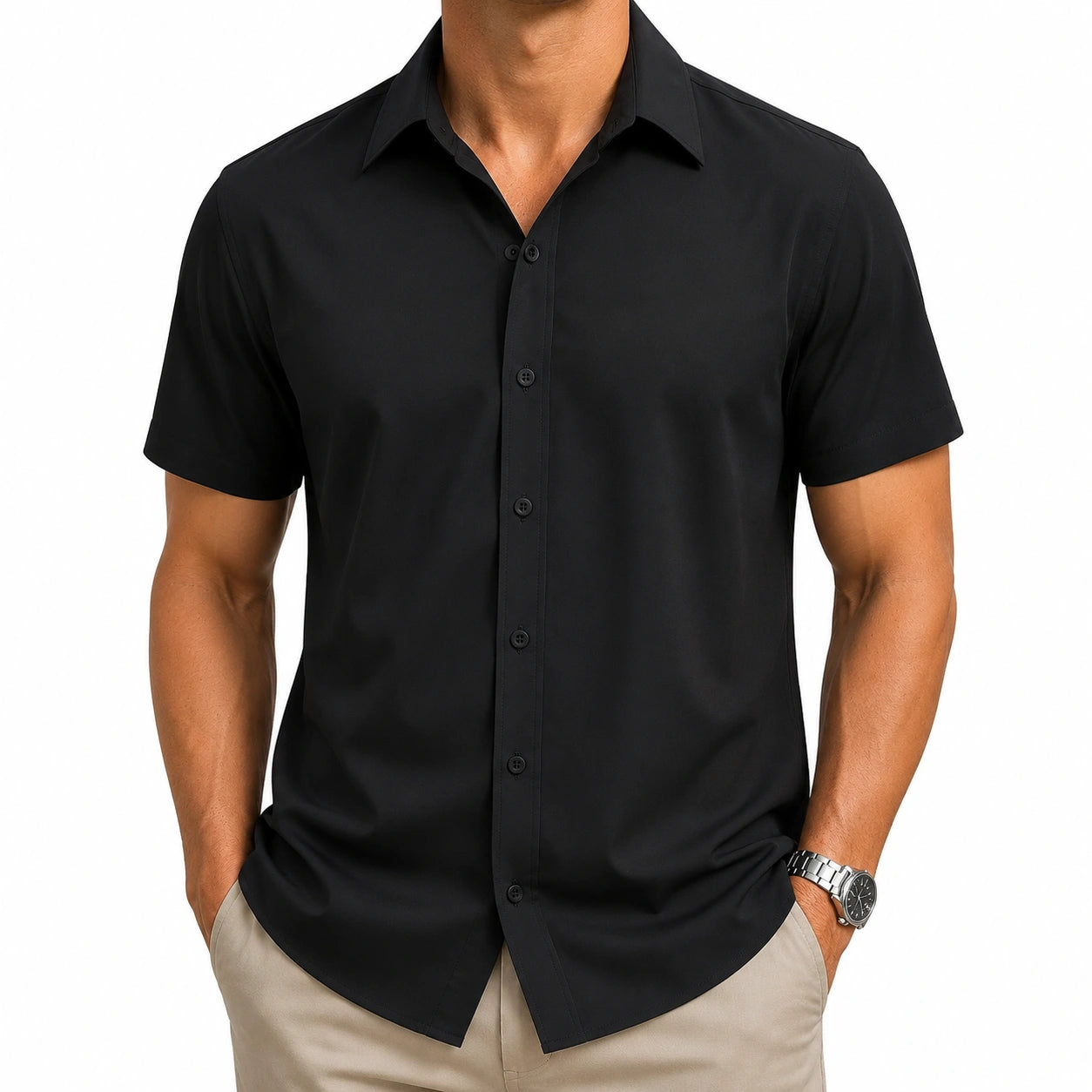 Camicia da uomo taglia M nera a maniche corte con colletto classico stile casual