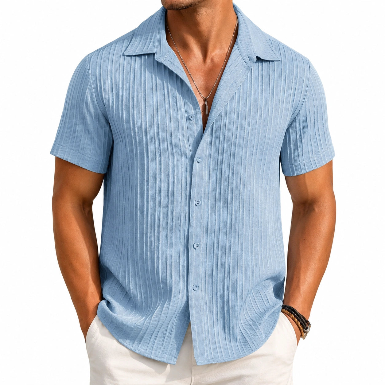 Camicia da uomo taglia M in tessuto azzurro a maniche corte con colletto classico