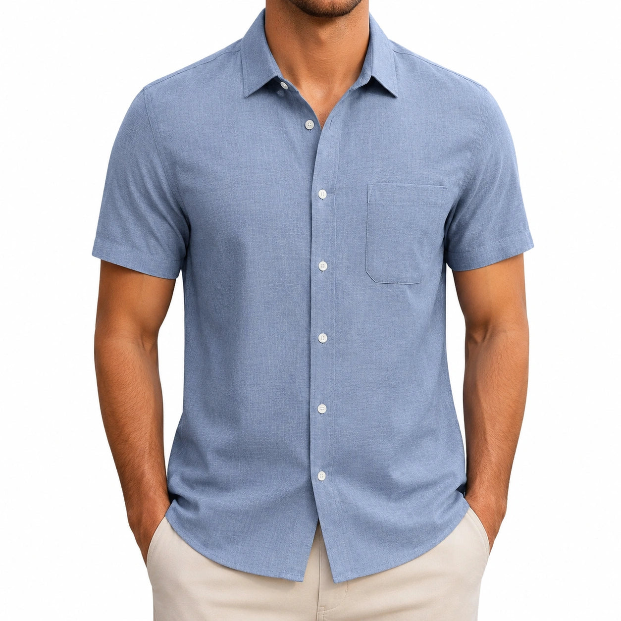 Camicia da uomo L in cotone azzurro a maniche corte con taschino stile casual