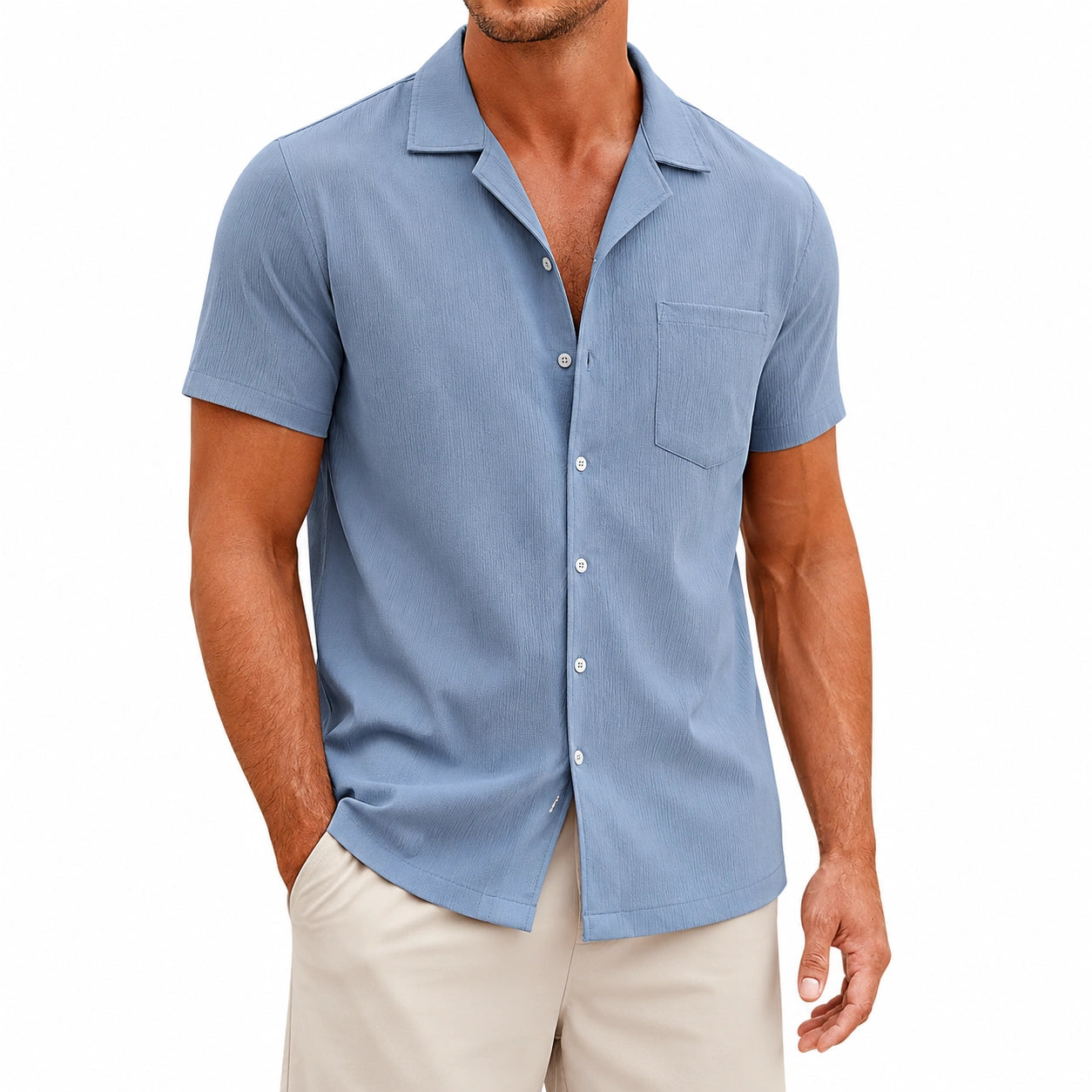 Camicia da uomo L in tessuto testurizzato azzurro a maniche corte stile casual