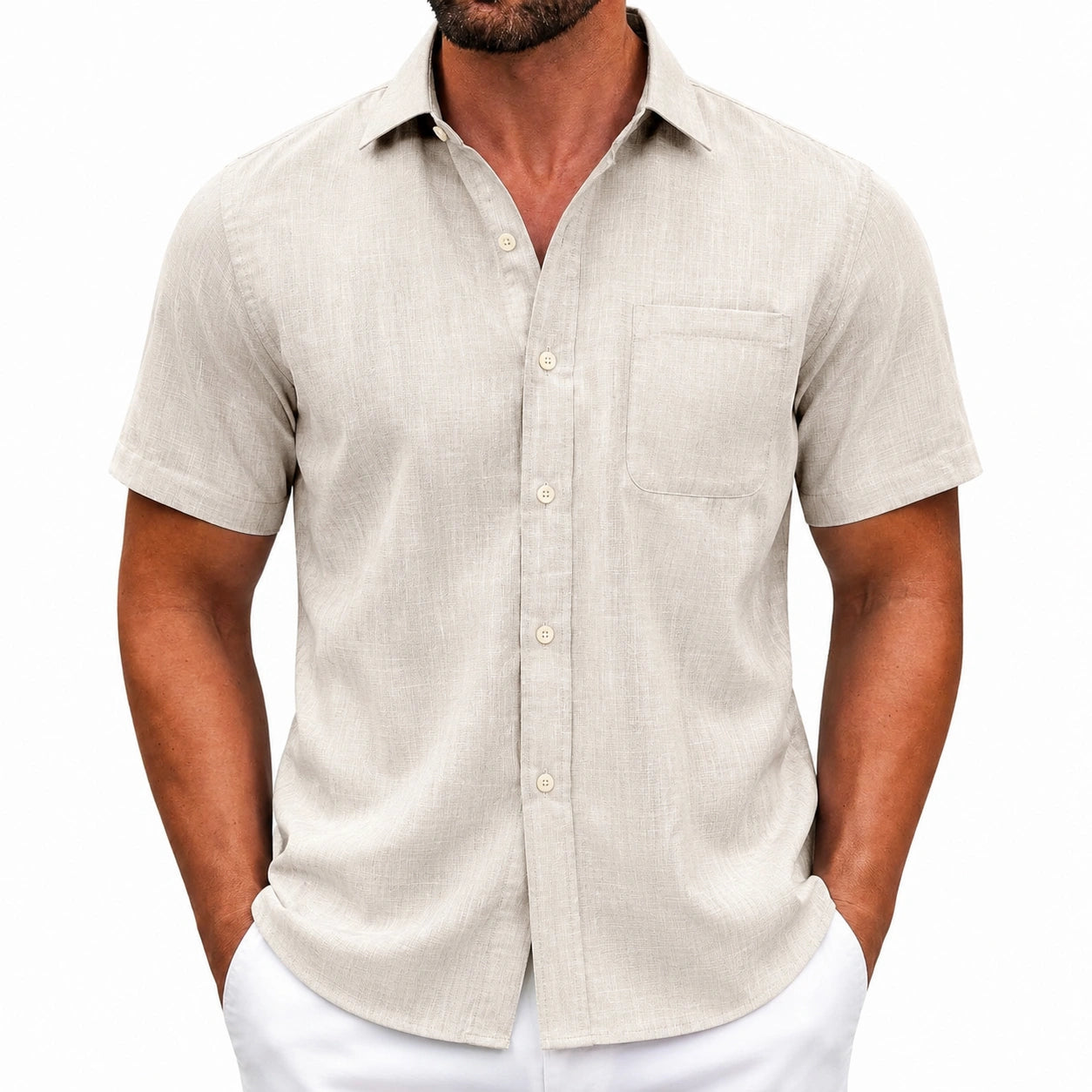 Camicia da uomo L in lino beige a maniche corte stile casual