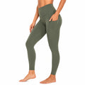 Leggings sportivi donna M in tessuto elasticizzato verde oliva a vita alta con tasche laterali