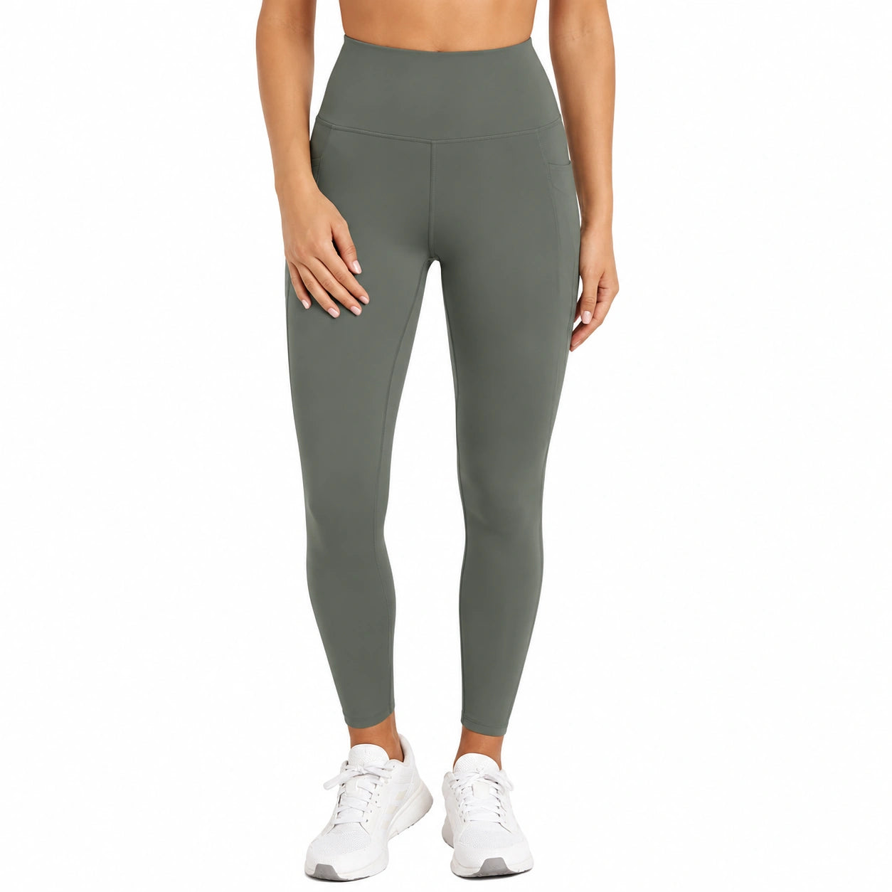 Leggings sportivi da donna taglia M in tessuto elasticizzato verde oliva - vita alta con tasche