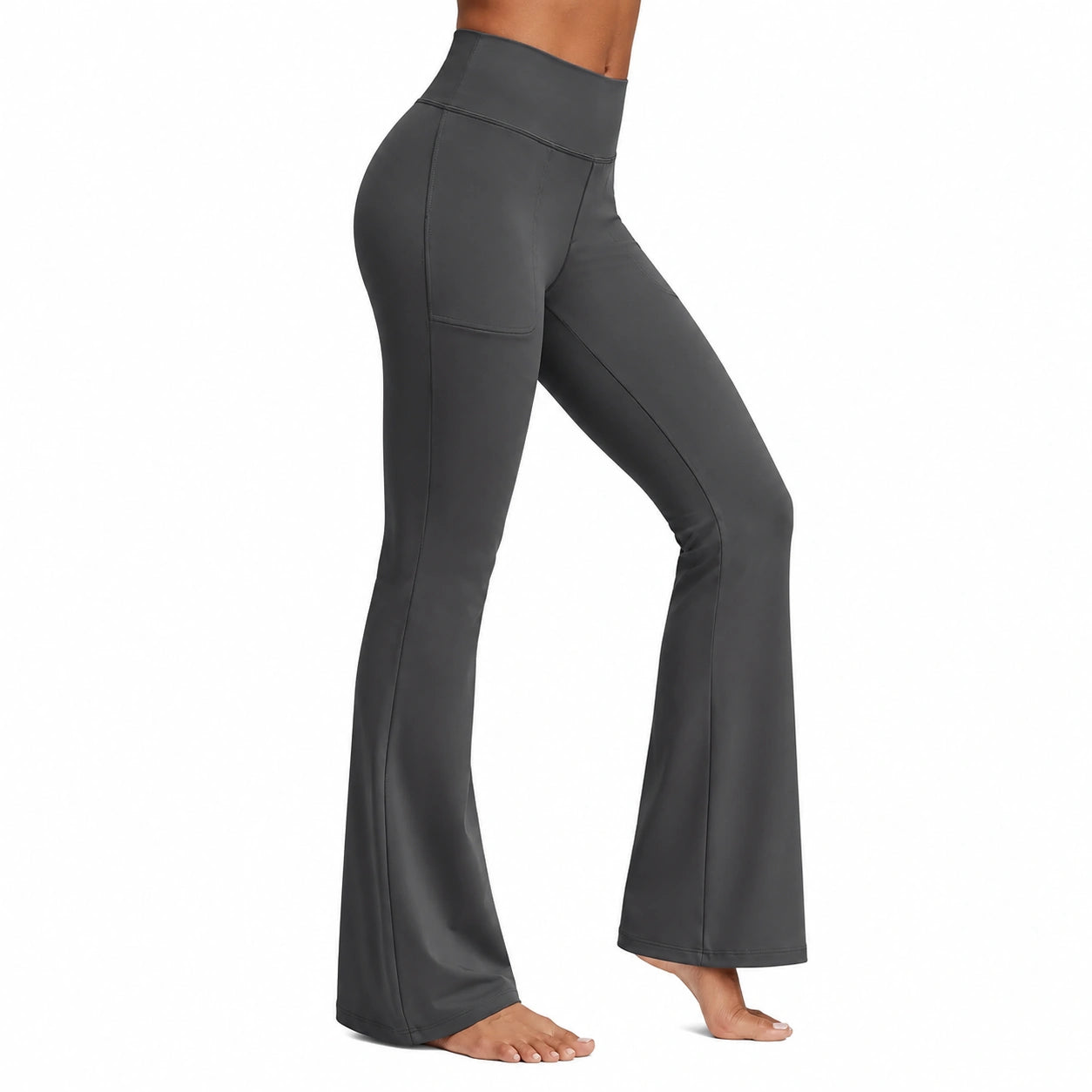 Pantaloni da donna taglia S in tessuto elasticizzato grigio scuro a vita alta svasati