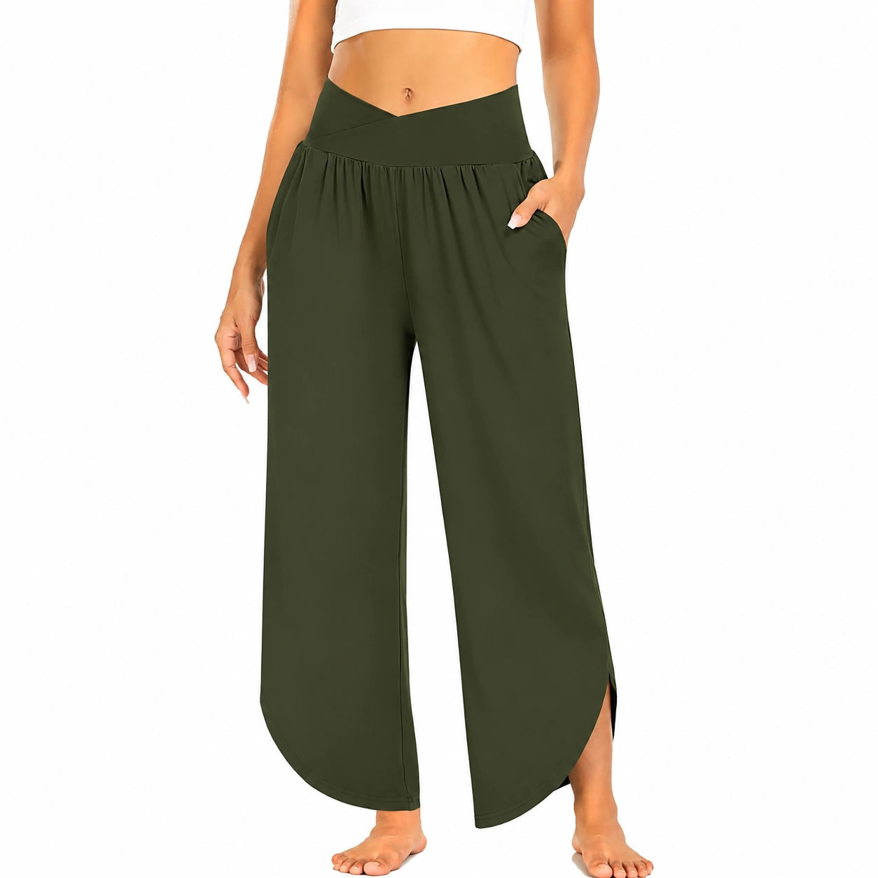 Pantaloni donna M verde oliva a gamba ampia con spacchi laterali