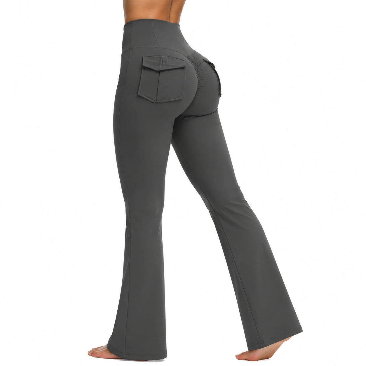 Pantaloni da donna taglia M in tessuto elasticizzato grigio scuro a vita alta con gamba svasata