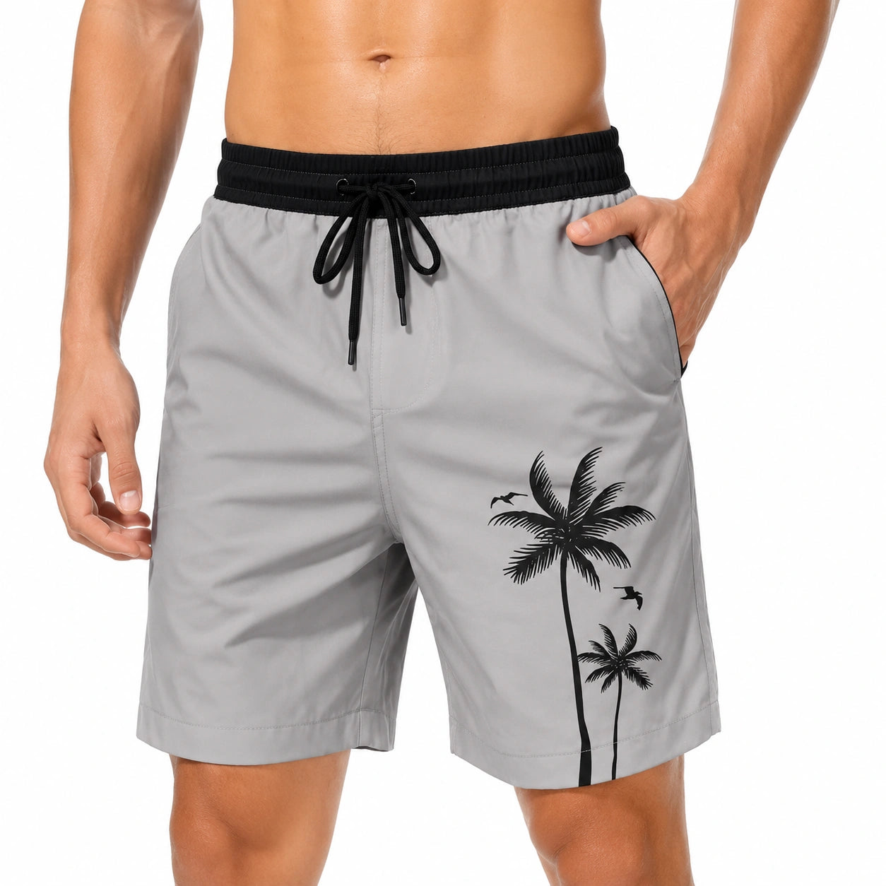 Costume da bagno uomo taglia M grigio in tessuto sintetico con stampa palme e coulisse