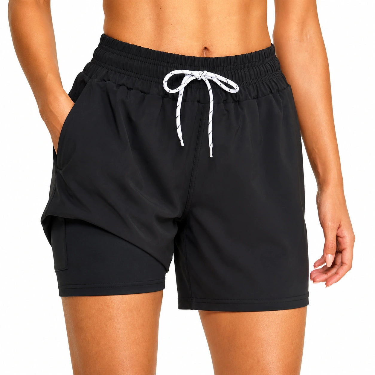 Pantaloncini sportivi da donna taglia M in tessuto tecnico nero con tasche e coulisse