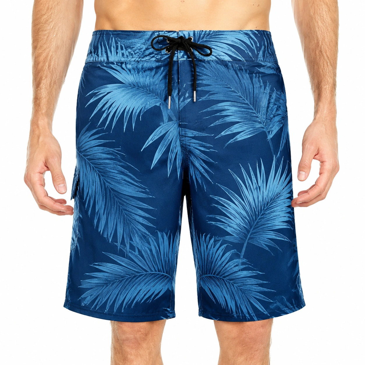 Costume da bagno uomo taglia L blu con stampa foglie - tessuto sintetico con cordoncino regolabile