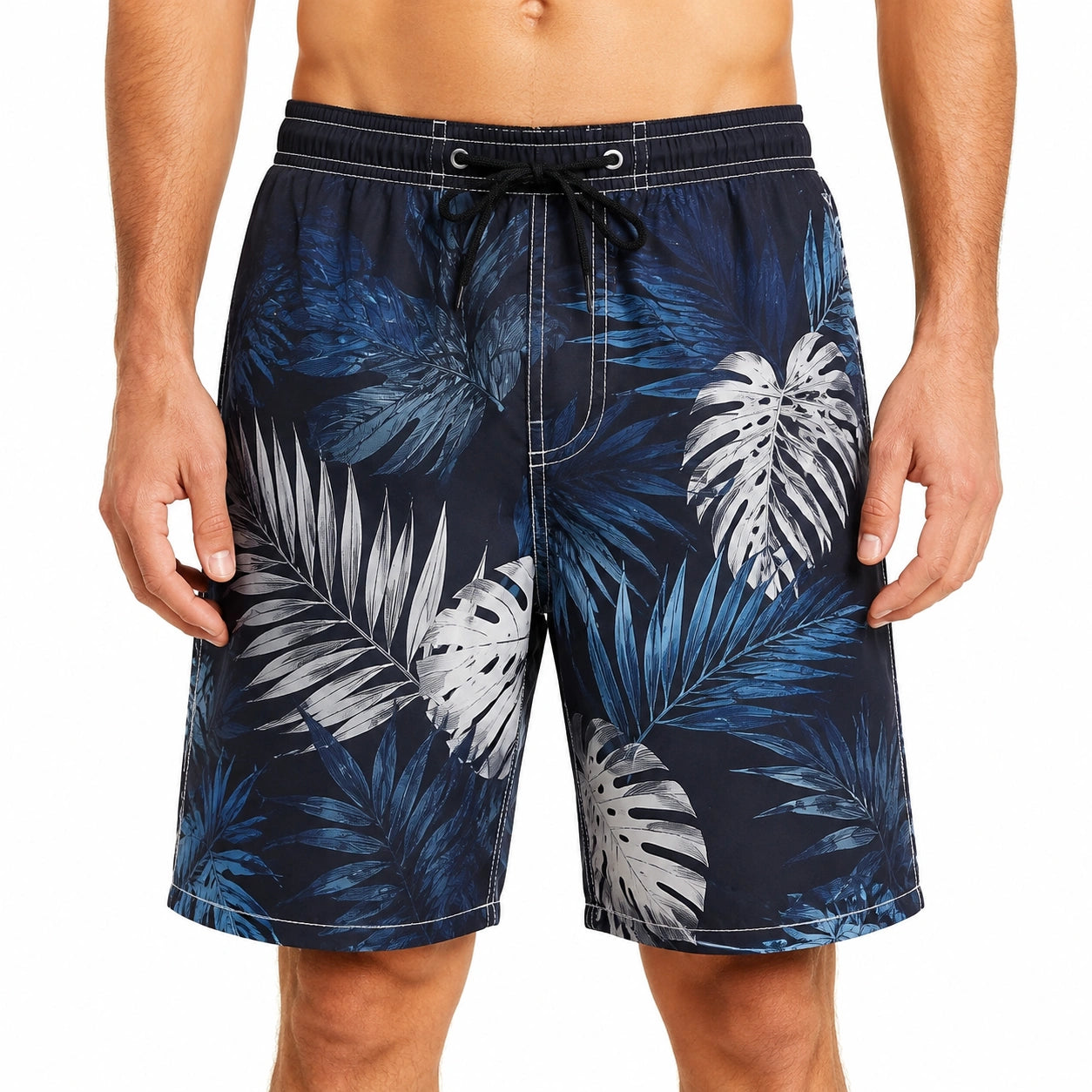 Costume da bagno uomo taglia L blu navy con stampa foglie tropicali e coulisse