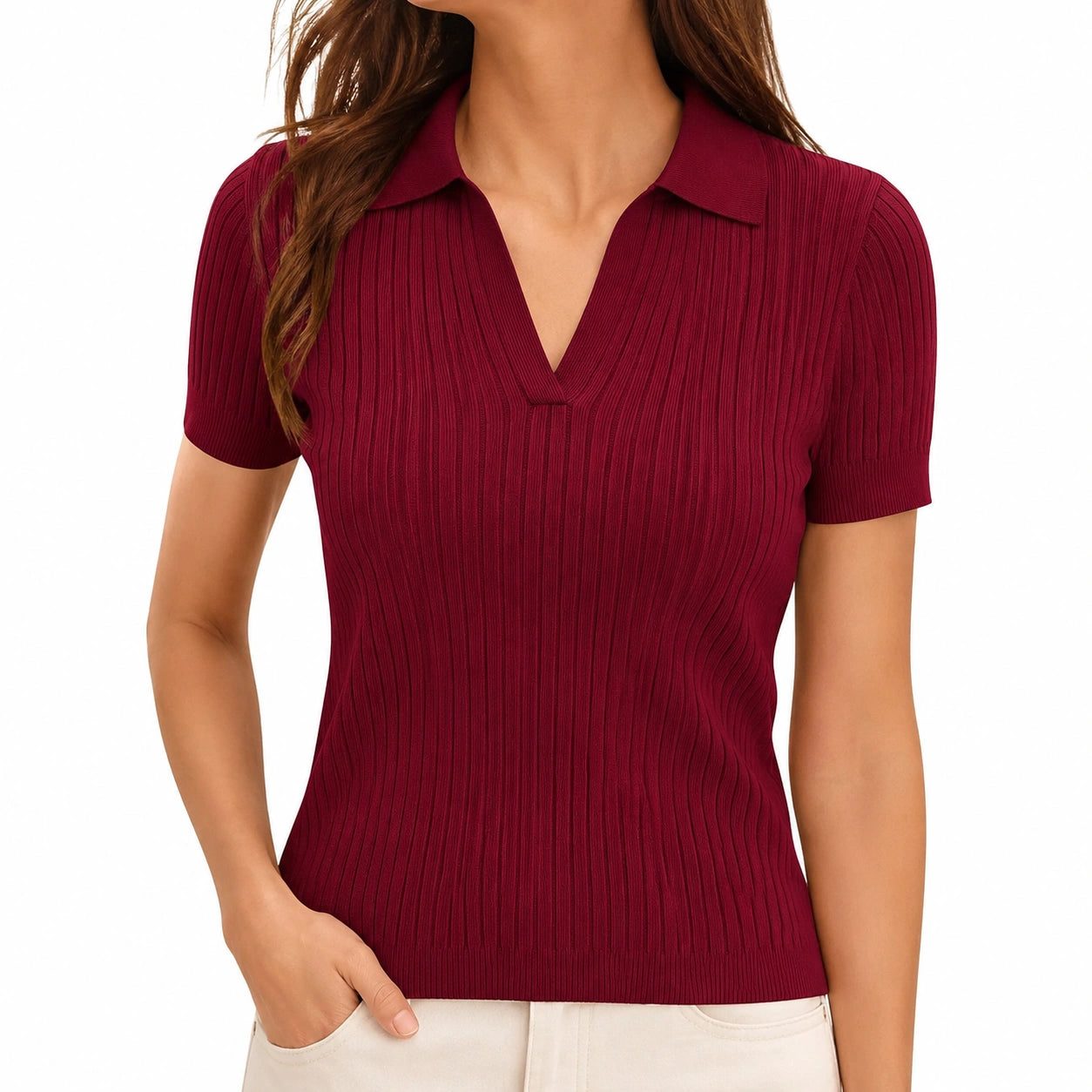 Polo donna M in maglia a coste bordeaux a maniche corte