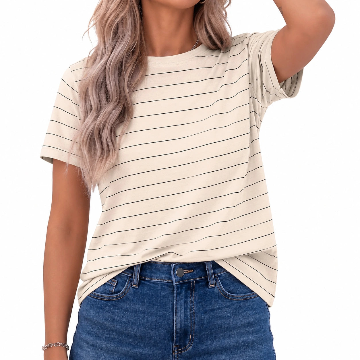 T-shirt da donna taglia S in cotone beige a righe stile casual