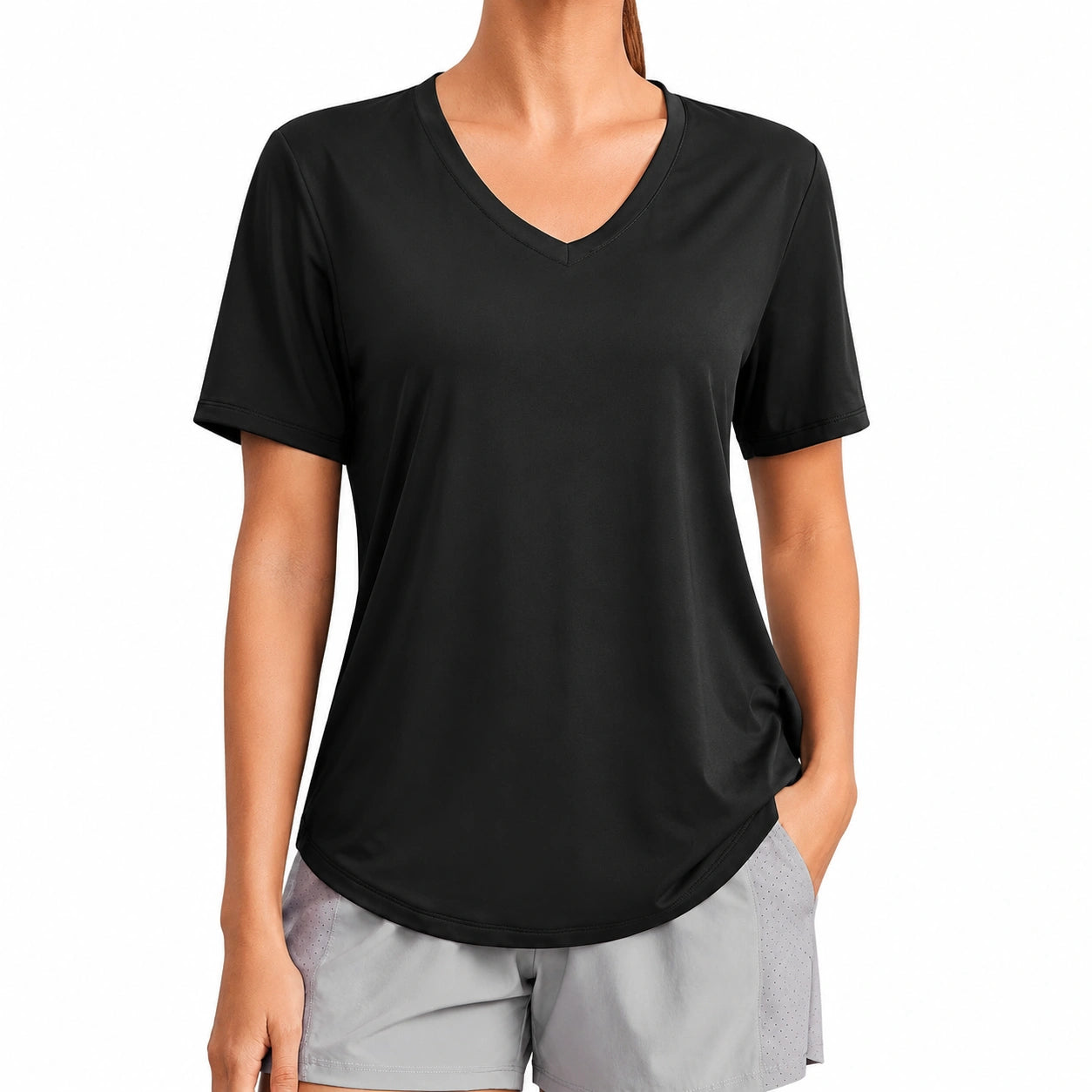 T-shirt donna taglia S nera in tessuto sintetico a manica corta con scollo a V per sport e tempo libero