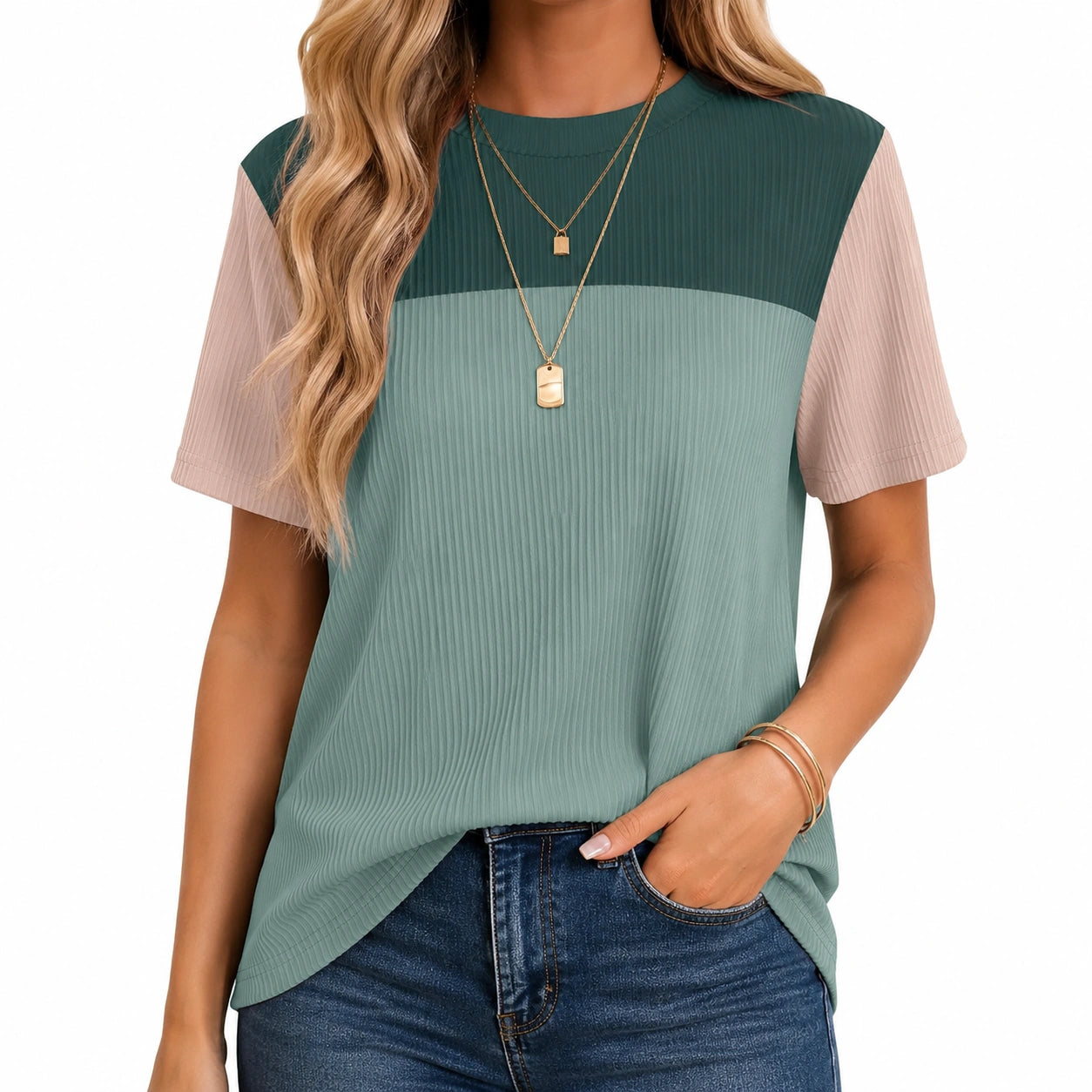 Maglia donna taglia M in tessuto plissettato verde salvia e rosa con maniche corte