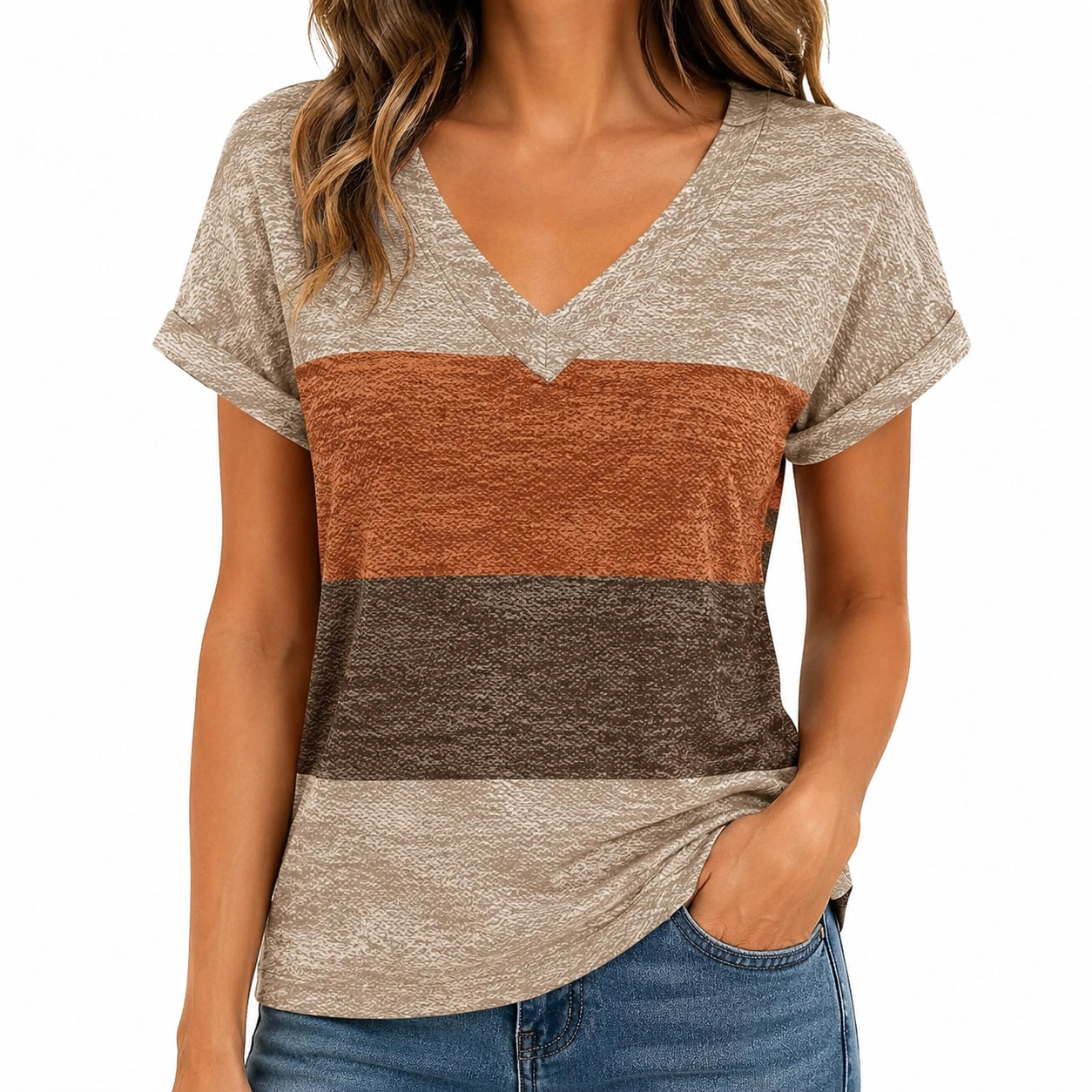Maglietta donna taglia M in tessuto beige ruggine marrone a blocchi di colore con scollo a V